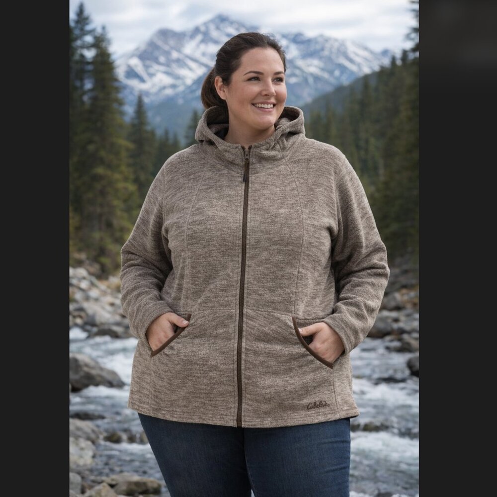 Cabela's Women's 2XL Hooded Fleece Jacket Brown Heather Full Zip Pockets Outdoor